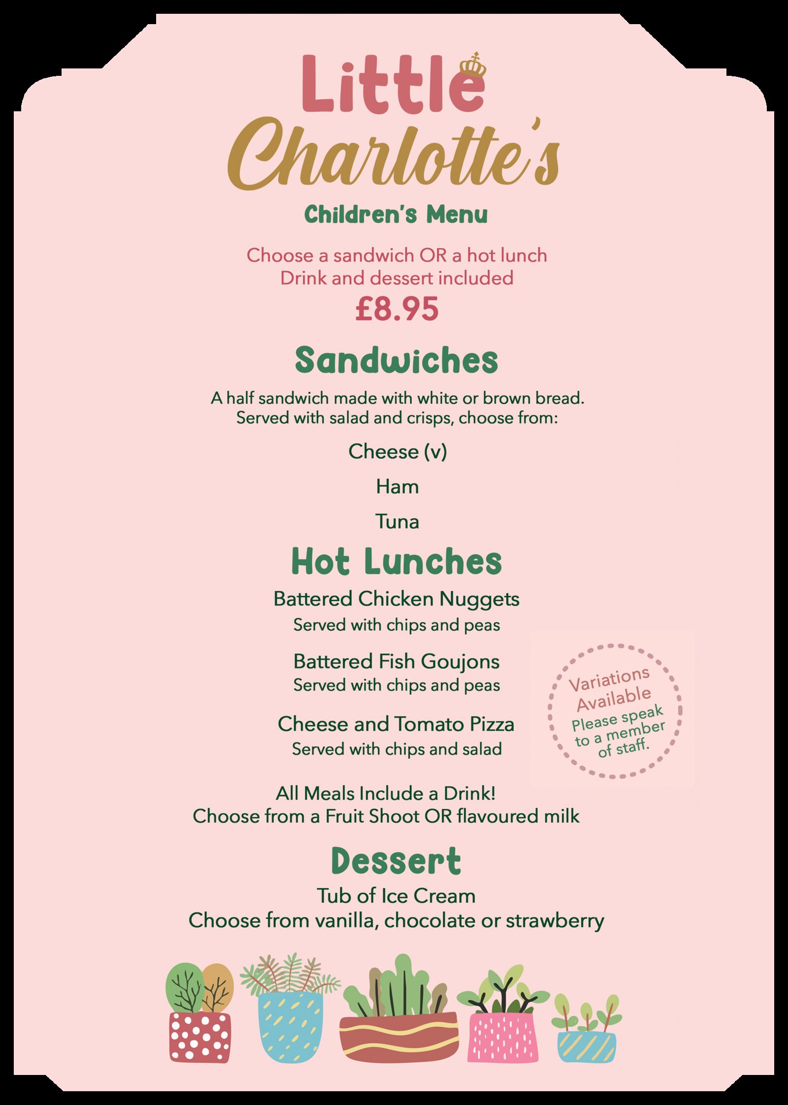 Children's menu at Charlotte's Restaurant at Fair Oak