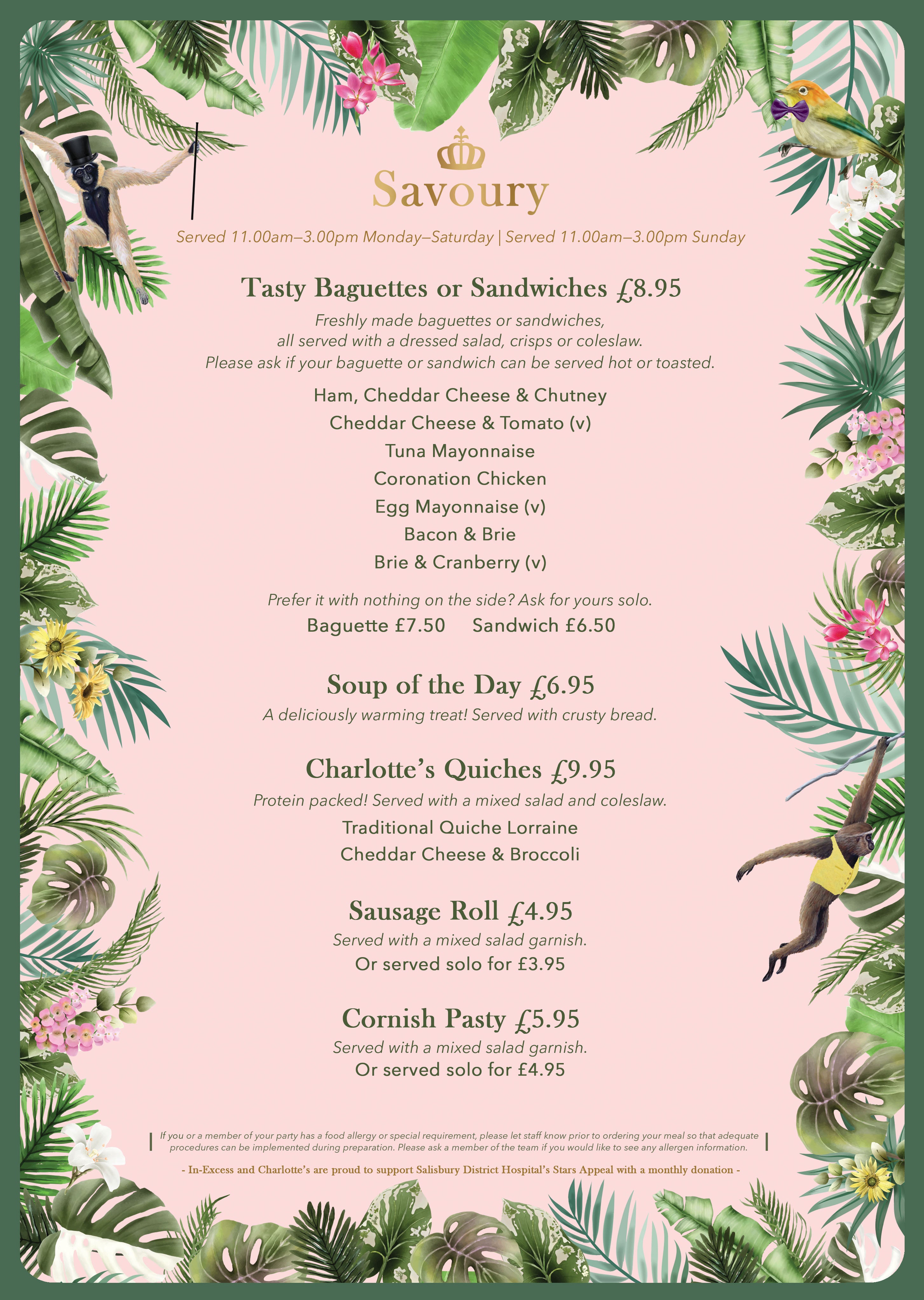 Savoury menu at Charlotte's Tea Room at Salisbury