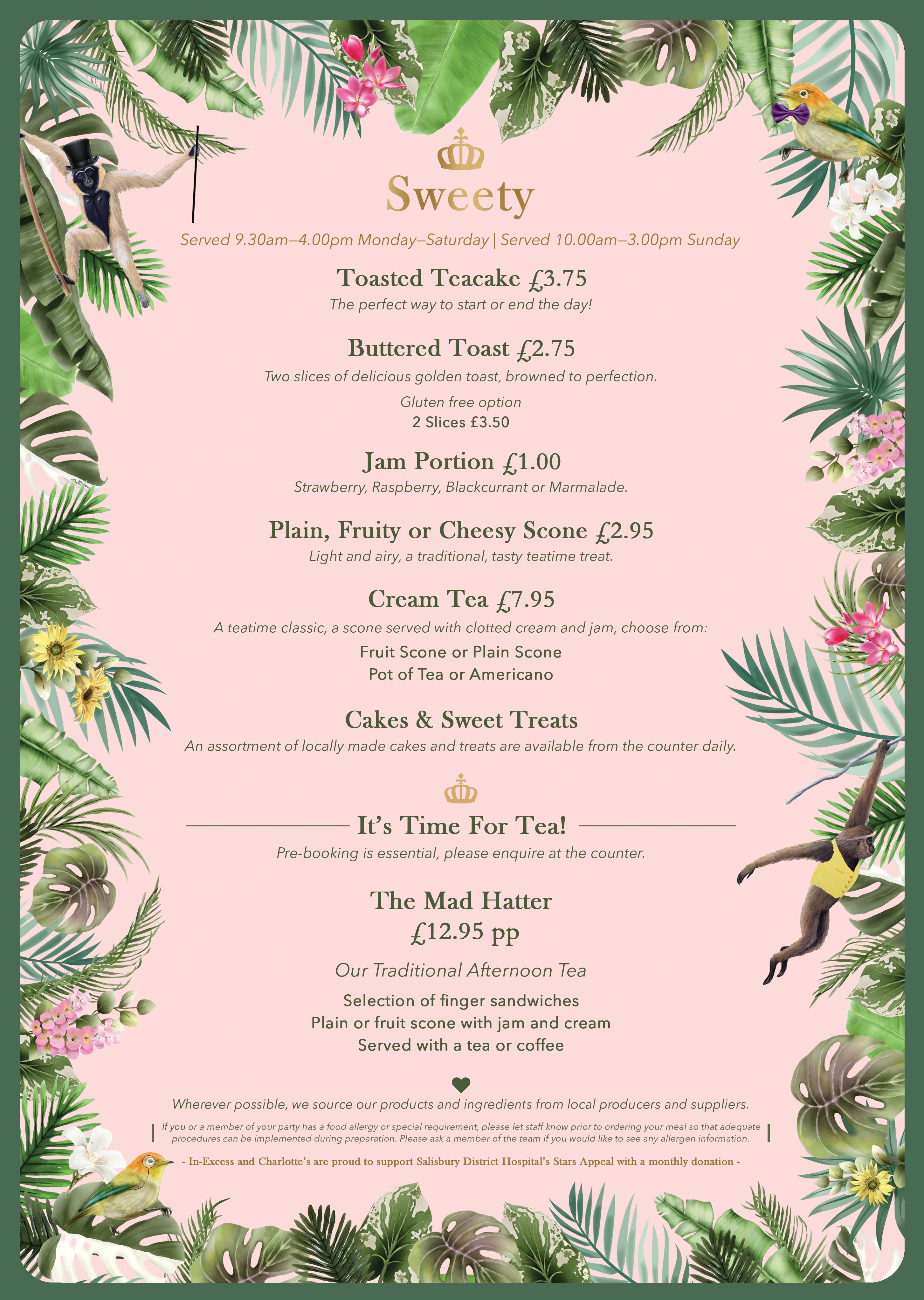 Sweet menu at Charlotte's Tea Room at Salisbury
